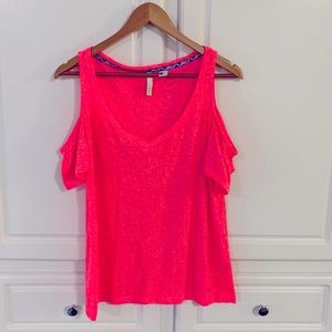 Neon pink open shoulder tee shirt